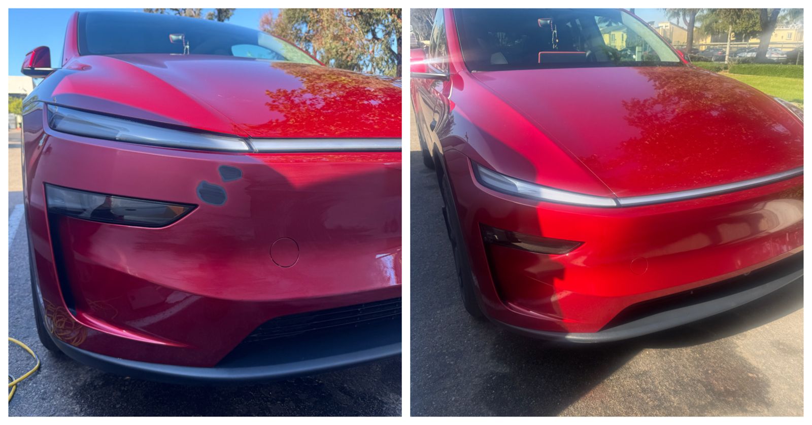 Before and after: damaged red Tesla Model 3 front bumper repaired and blended