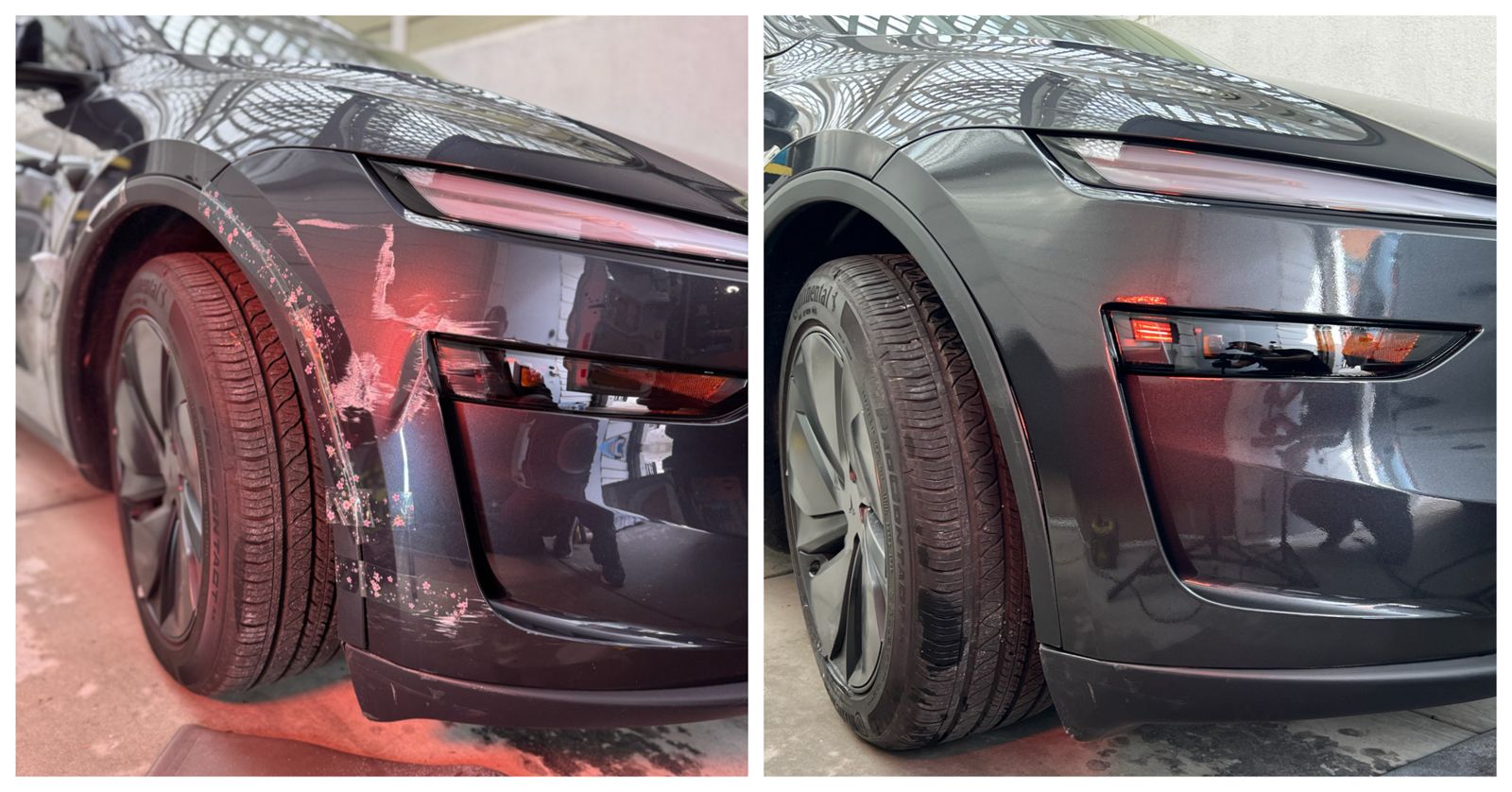 Before and after: scraped gray Tesla Model Y fender fully repaired and refinished