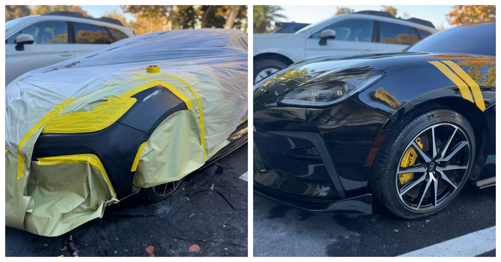 Before and after: black Toyota GR86 fender repaired and refinished on-site