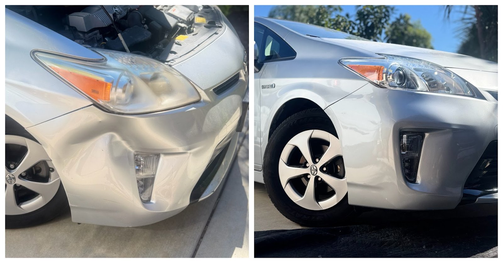 Silver vehicle bumper dent comparison: before on the left and after on the right