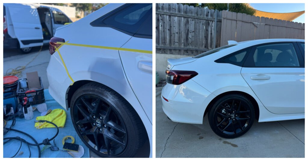 Preparation before refinishing on the left; repaired finish on the right