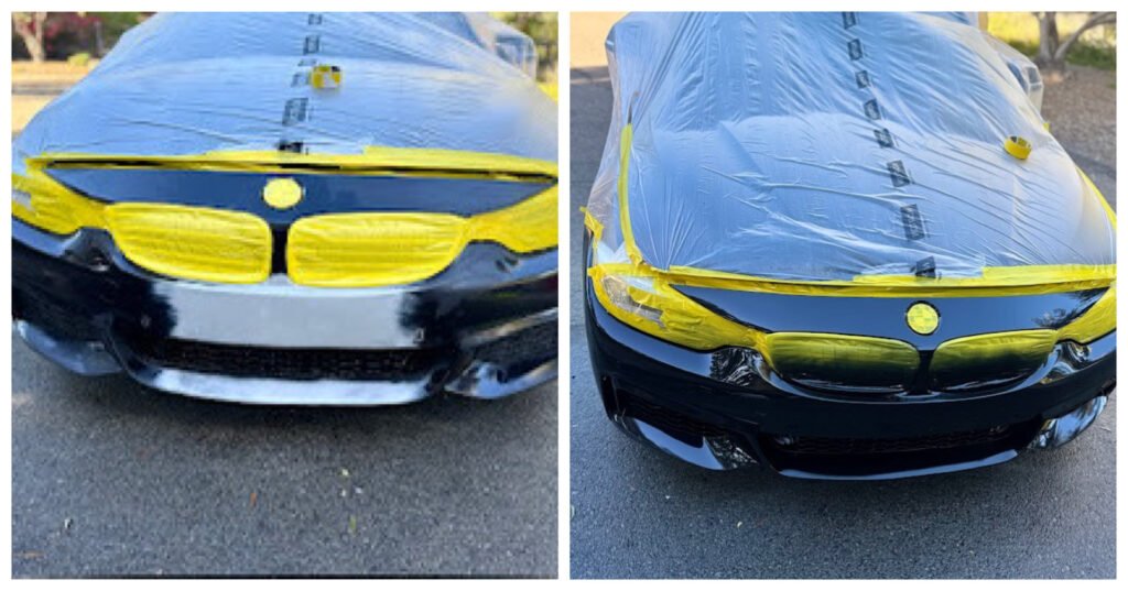 Prepared bumper on the left; painted bumper, still masked, on the right