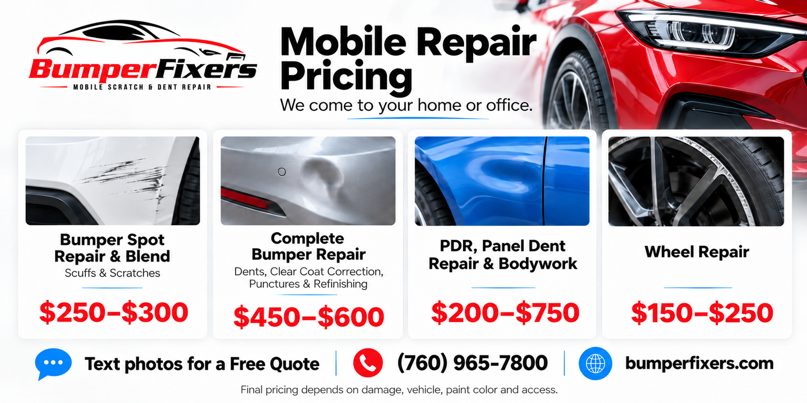 Typical BumperFixers repair pricing for bumper spot repair, complete bumper repair, dent and PDR bodywork, and wheel repair