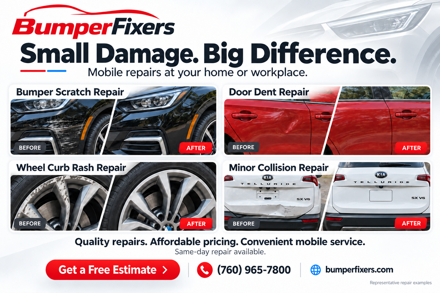 Small Damage. Big Difference. Mobile bumper scratch, door dent, wheel curb rash and minor collision repair at your home or workplace. Representative repair examples. Get a free quote or call (760) 965-7800.