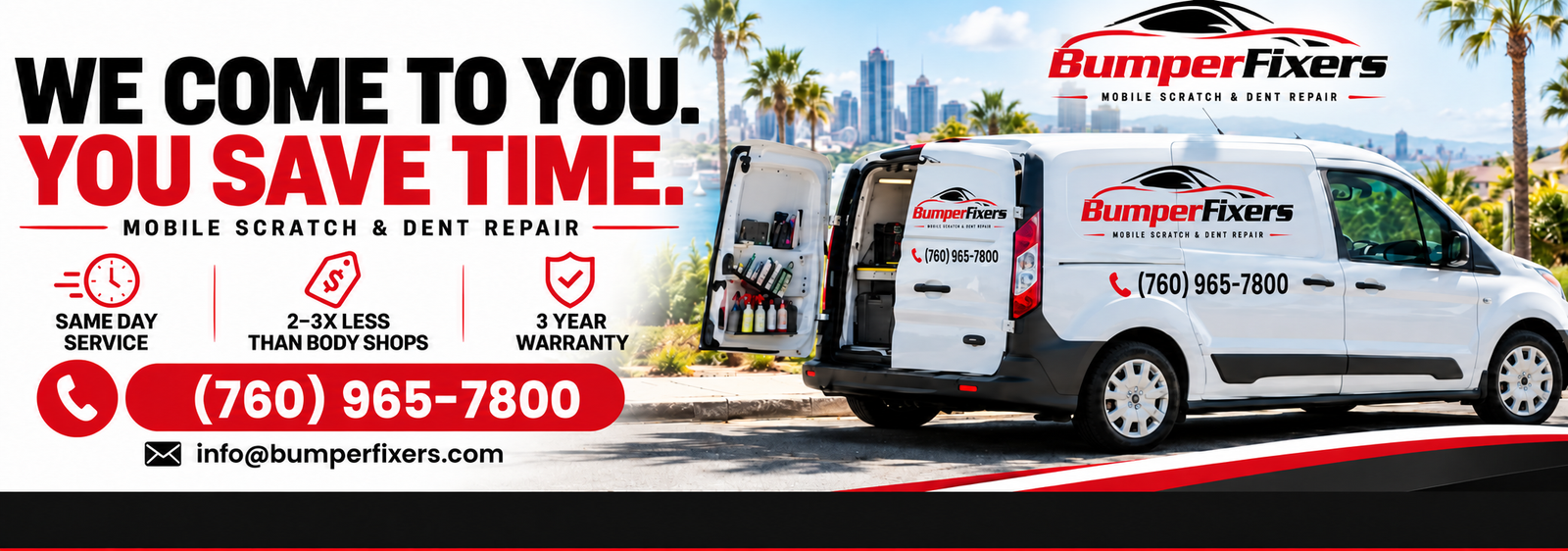 BumperFixers mobile scratch and dent repair banner with updated phone number (760) 965-7800