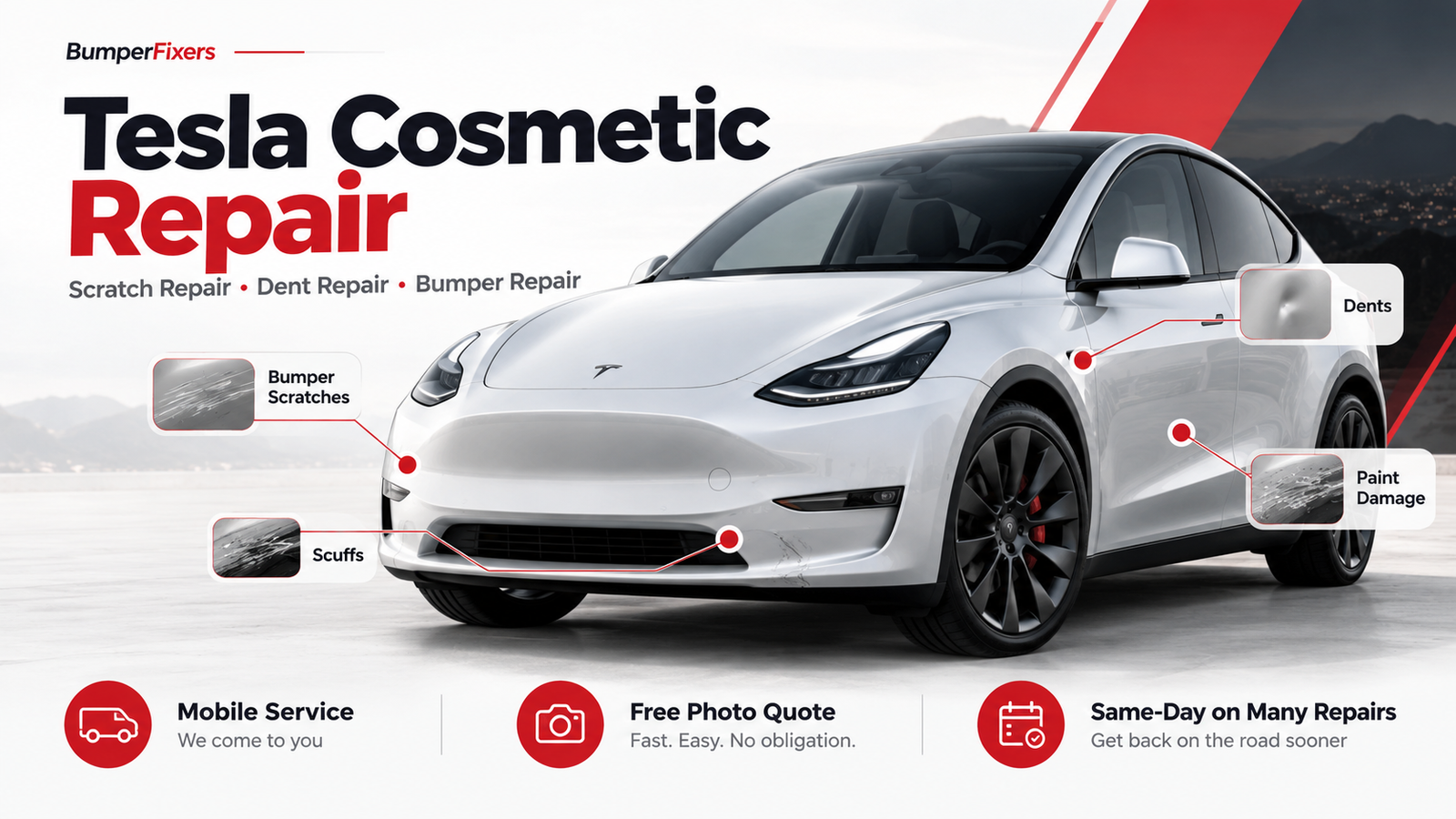 Tesla cosmetic repair for scratches, dents, bumper damage and paint damage by BumperFixers