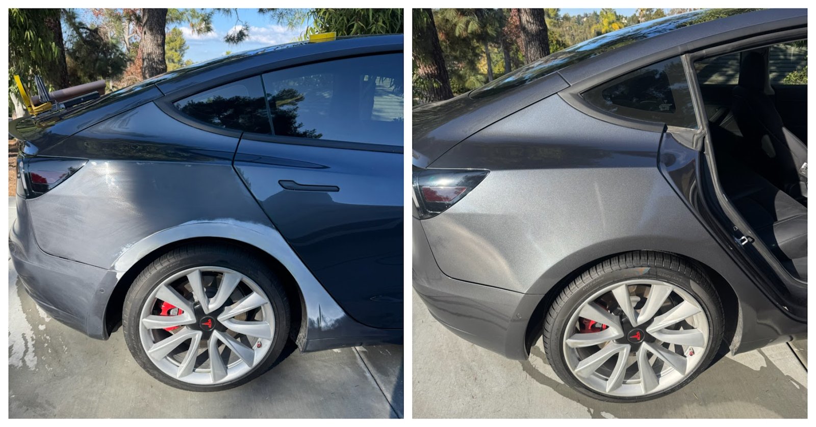 Preparation before refinishing on the left; repaired finish on the right