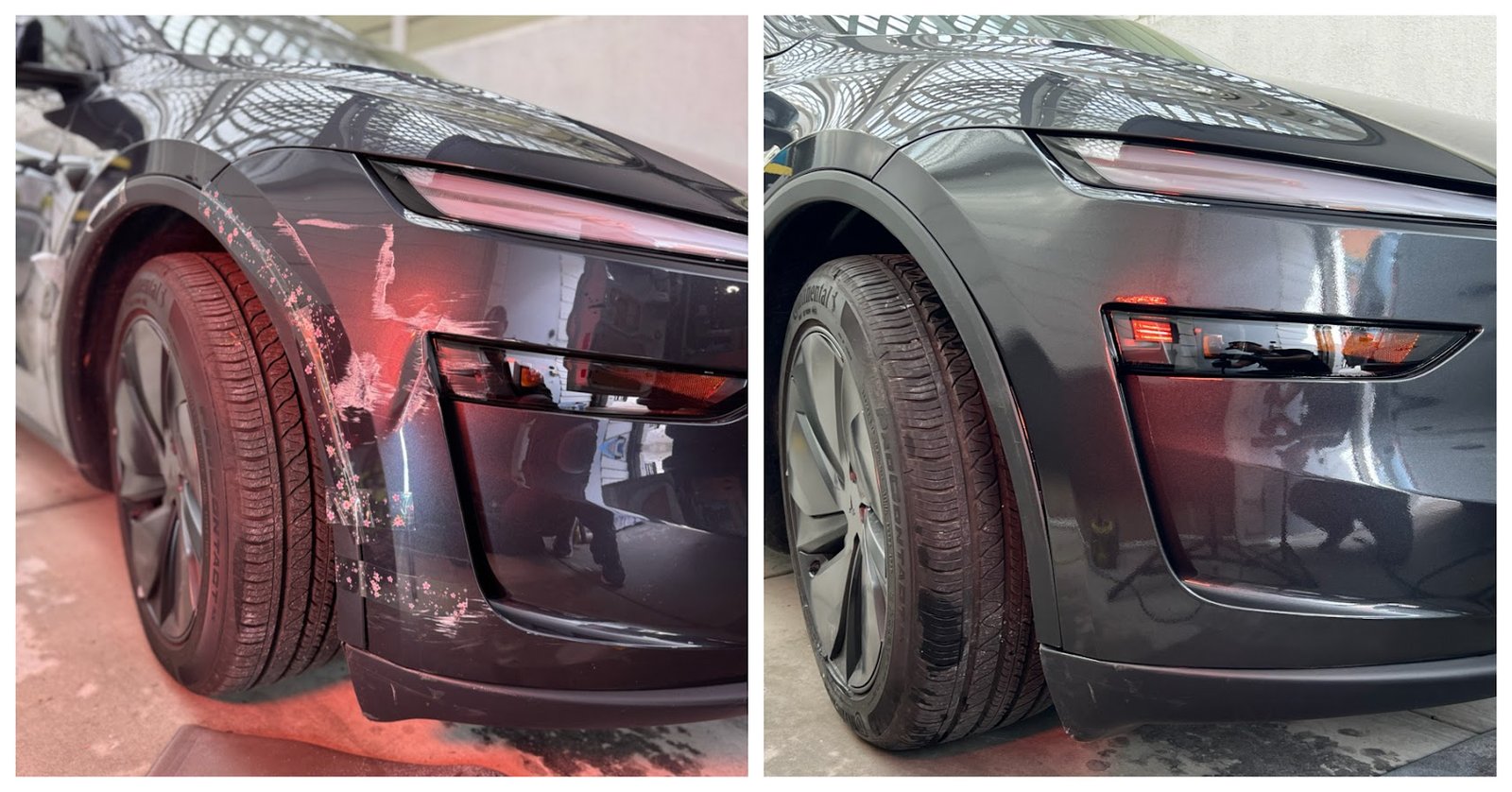 Tesla bumper corner: scratches before on the left and repaired finish on the right